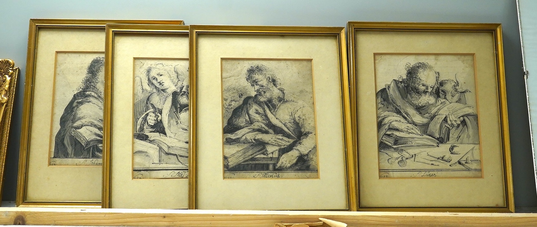 Manner of Guido Reni (Italian 1575-1642), set of four Old Master monochrome ink and washes, Four saints including St. Lucas and St. Matthew, each bearing date 1692, 17 x 12cm. Condition - fair to good for age